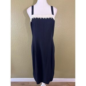Vintage Women's Size 7/8 Square Neck Lace Trim Midi Dress Navy Blue White Summer